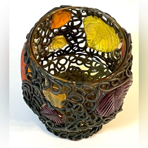 VTG Metal Wrapped Spaghetti Tealight Votive Candle Holder Autumn Plastic Leaves - Picture 5 of 9